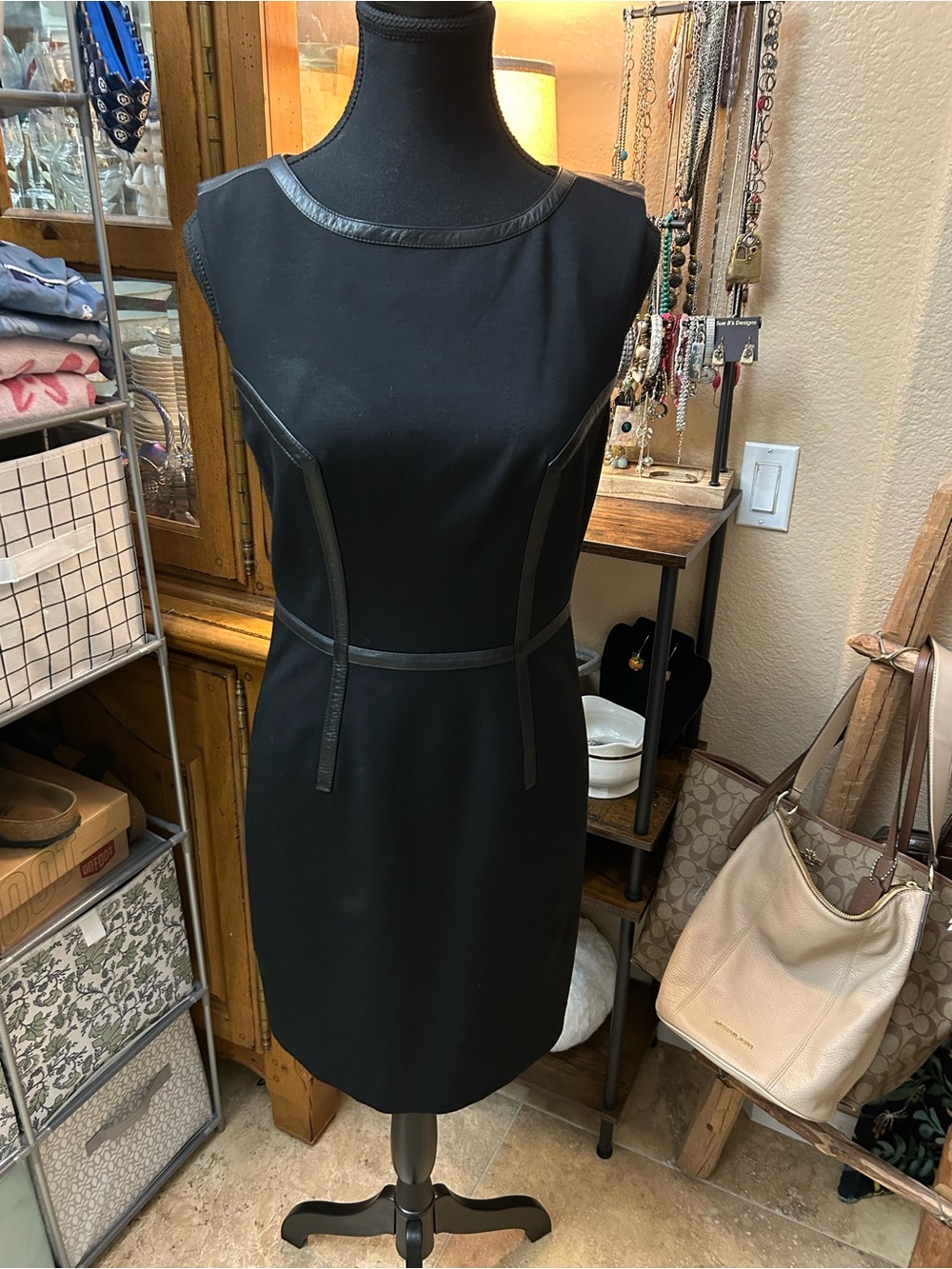 Trina Turk Black Sheath Dress with Faux-Leather Trim